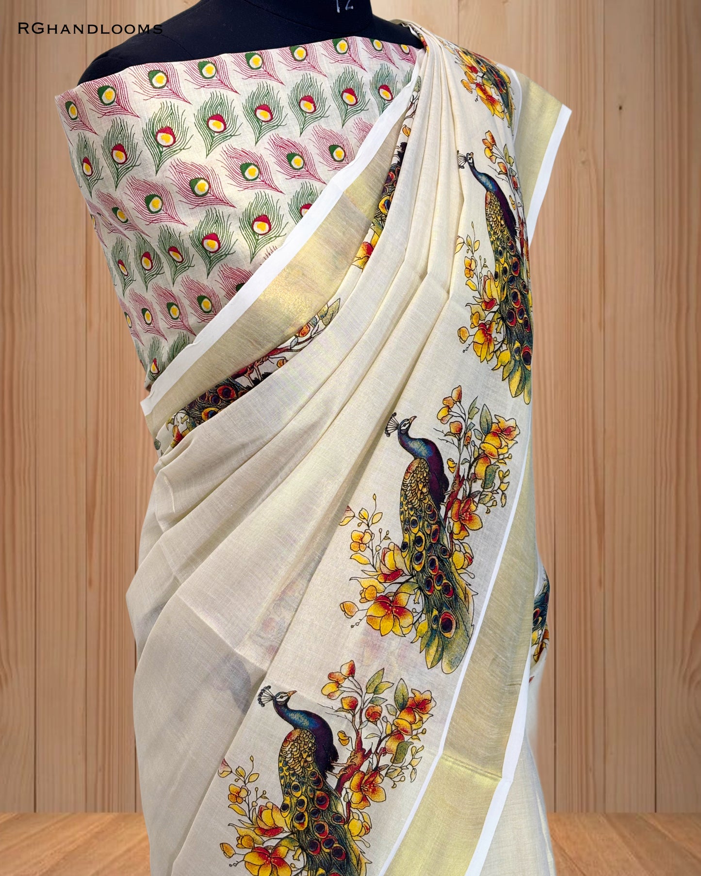 Gold Tissue Saree with Mural Print Peacock Design, paired with a stylish printed blouse.