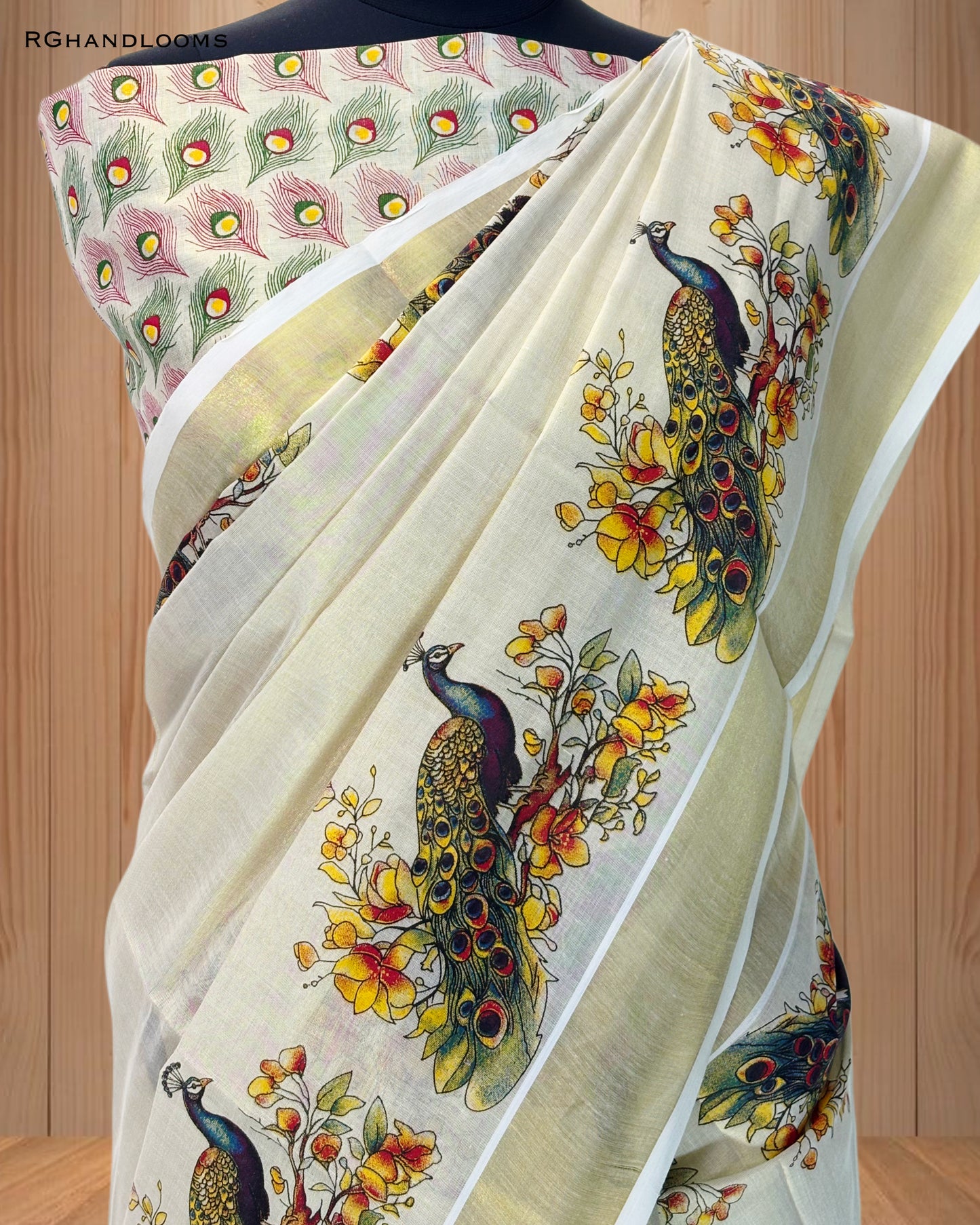 Gold Tissue Saree with Mural Print Peacock Design, paired with a stylish printed blouse.