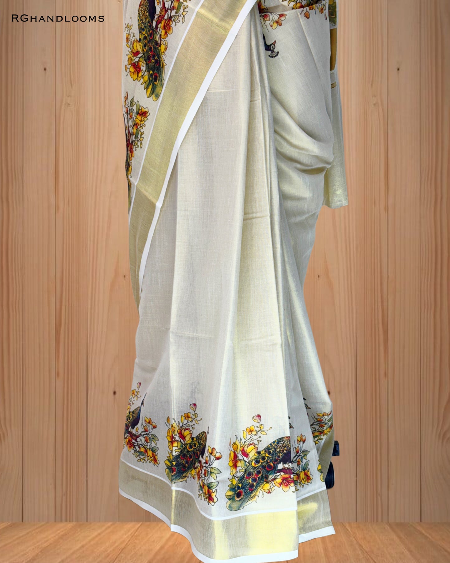 Gold Tissue Saree with Mural Print Peacock Design, paired with a stylish printed blouse.