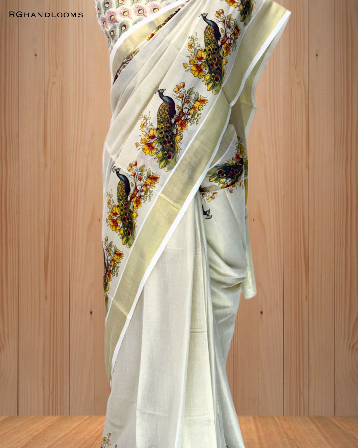 Gold Tissue Saree with Mural Print Peacock Design, paired with a stylish printed blouse.