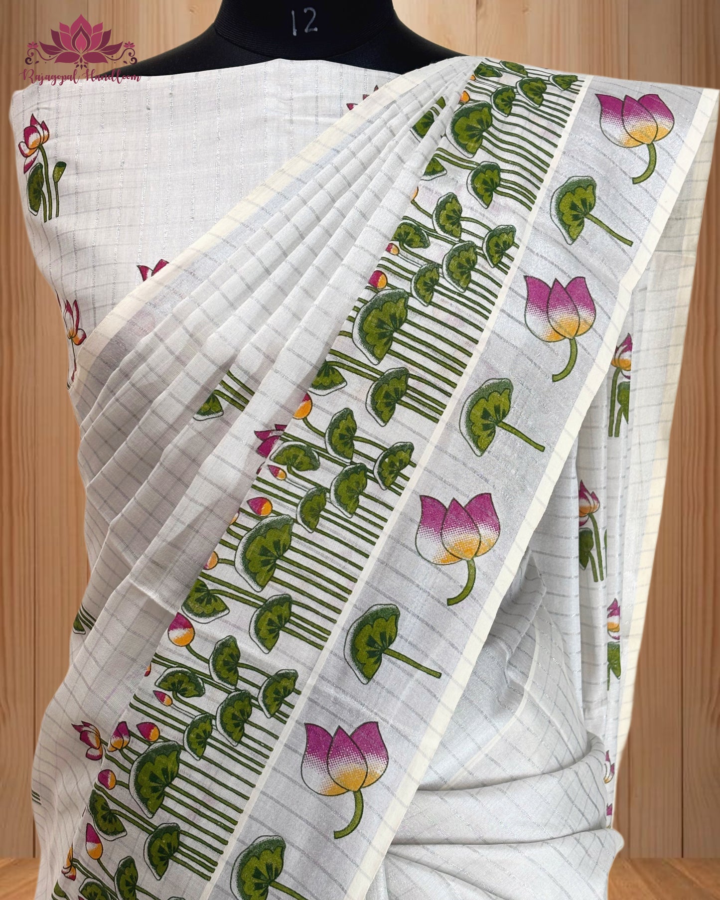 Silver Tissue Mural Print Saree with Lotus Design