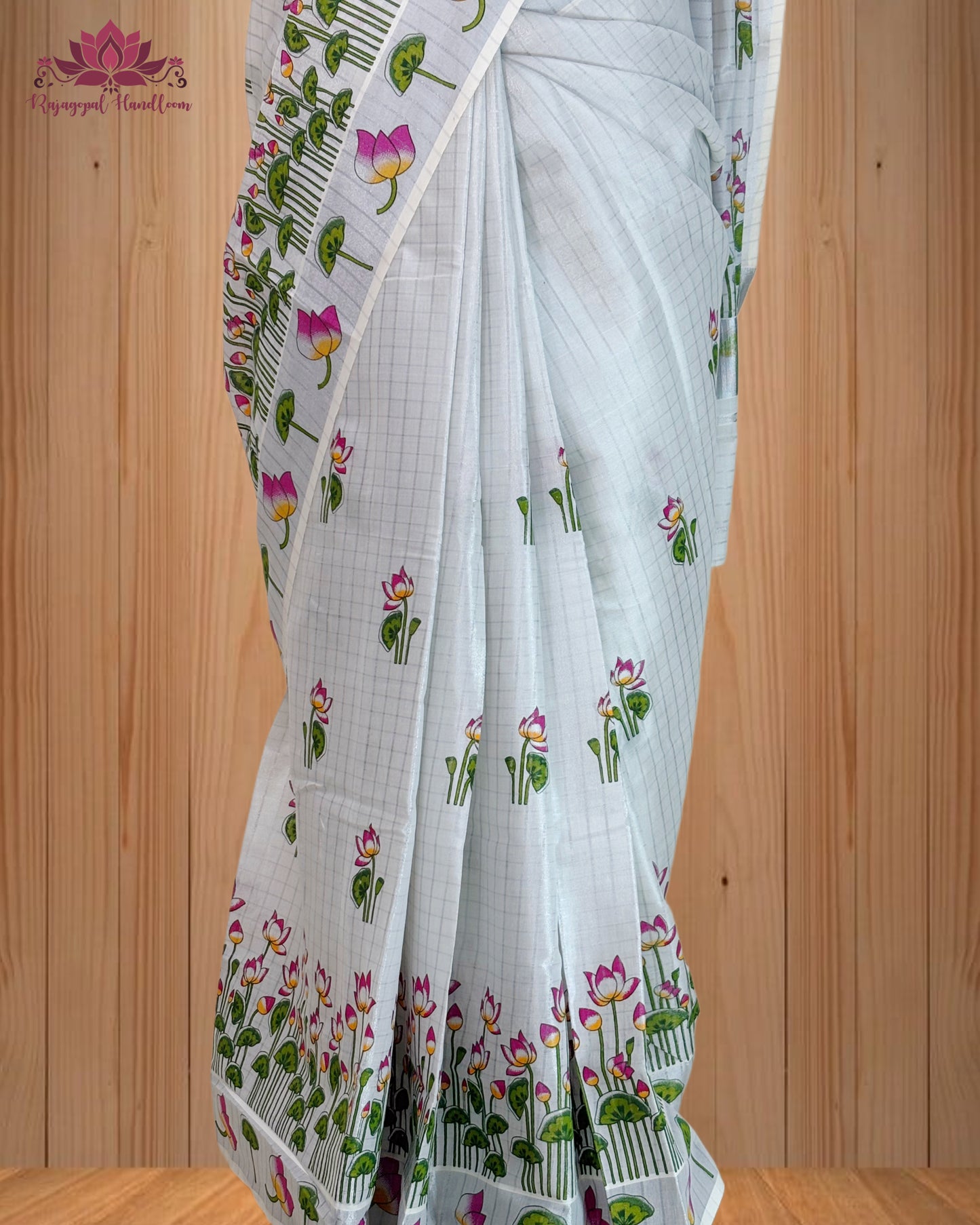 Silver Tissue Mural Print Saree with Lotus Design