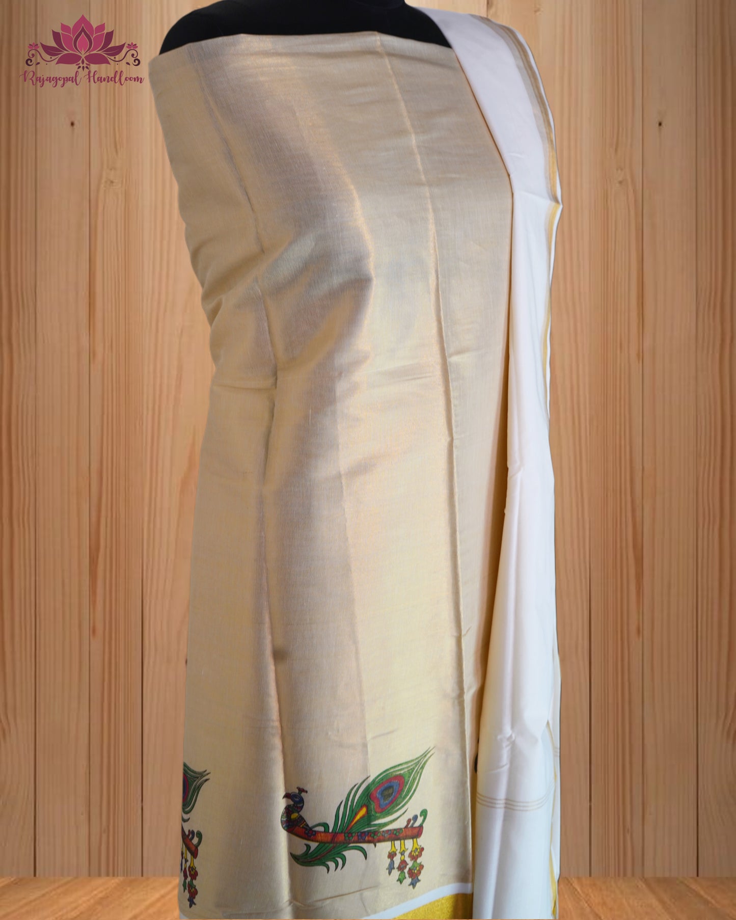 vory Churidar Material with Graceful Peacock Design & Golden Border