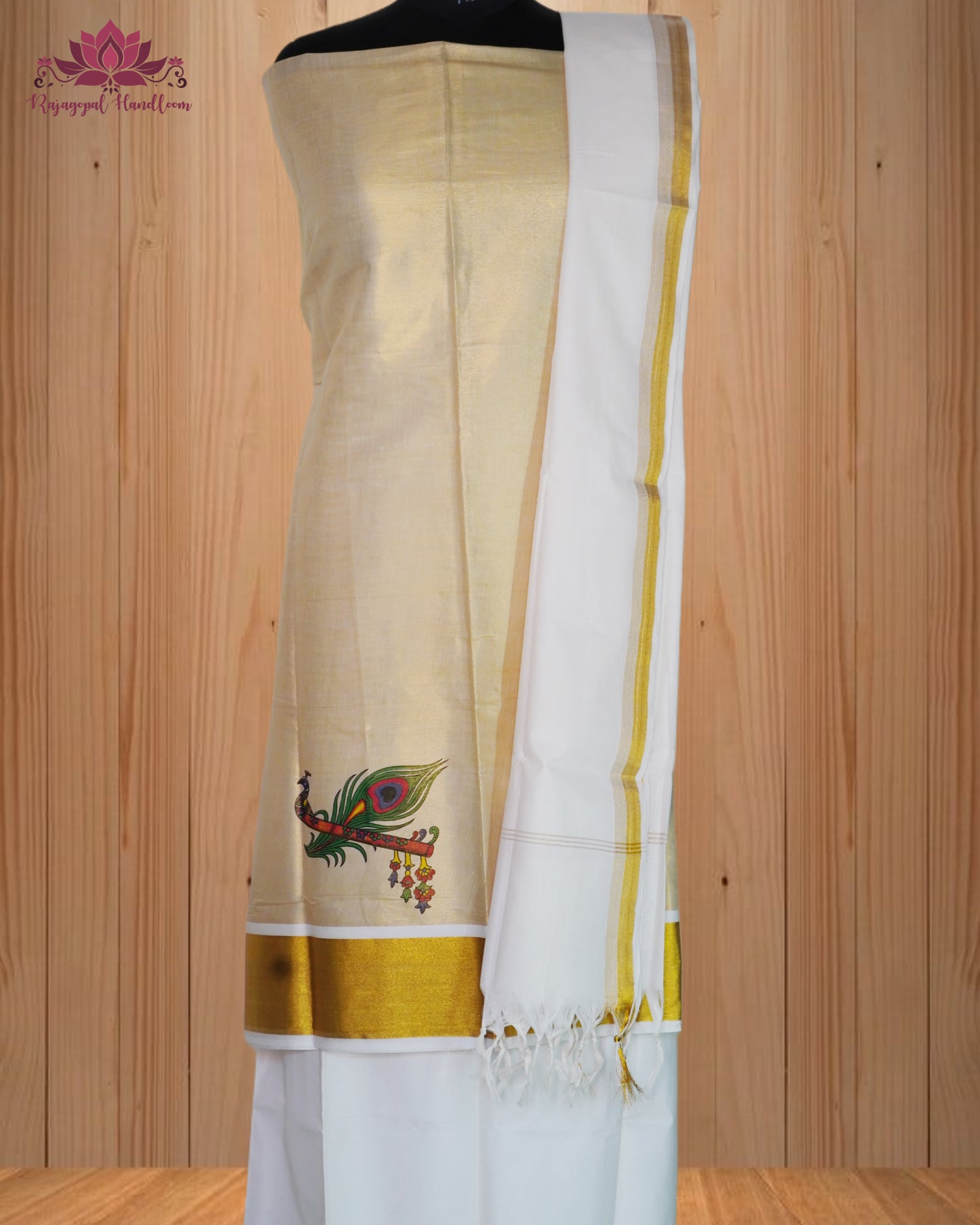 vory Churidar Material with Graceful Peacock Design & Golden Border