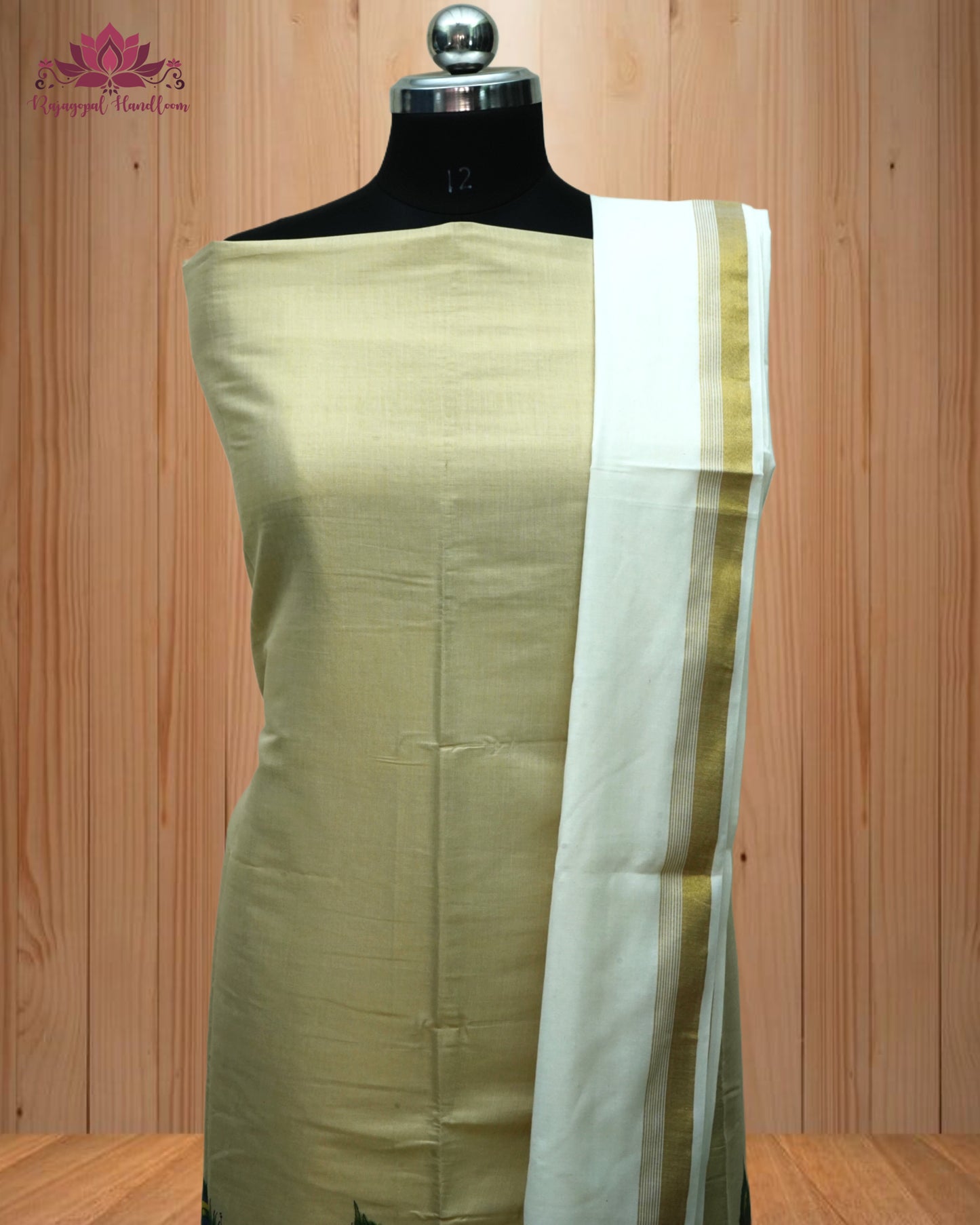 Beige Churidar Material, beautifully crafted with a stunning Peacock Leaf Design