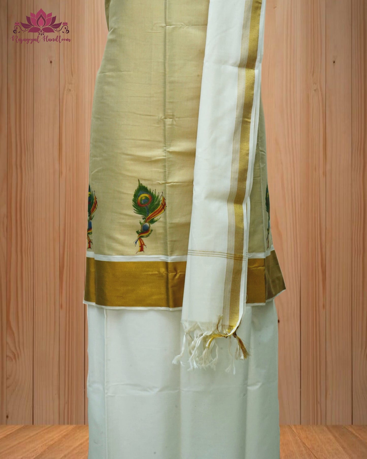 Beige Churidar Material, beautifully crafted with a stunning Peacock Leaf Design