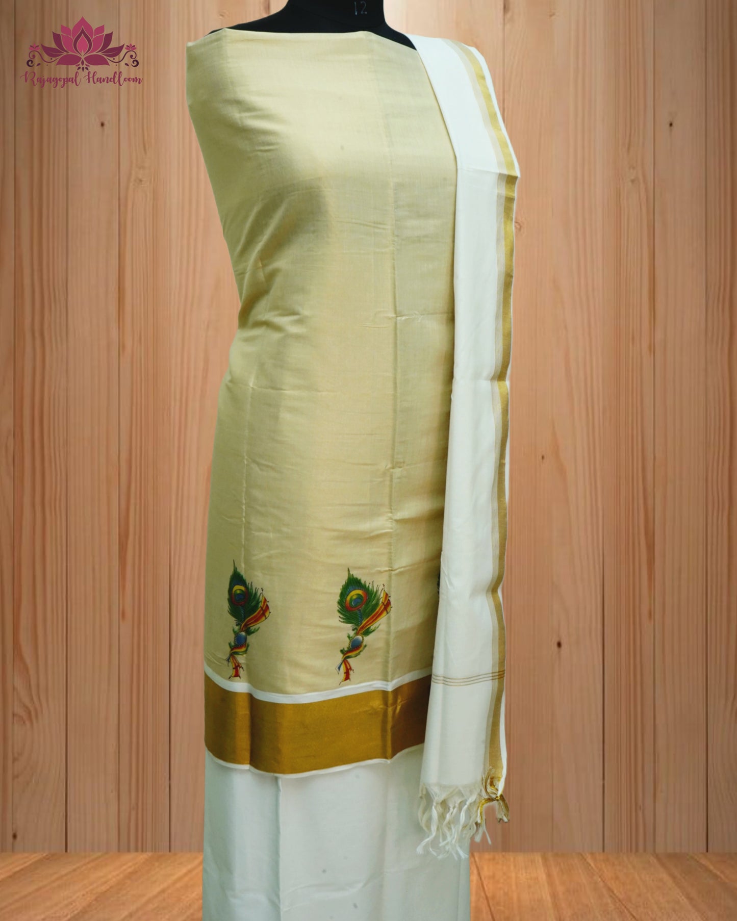 Beige Churidar Material, beautifully crafted with a stunning Peacock Leaf Design
