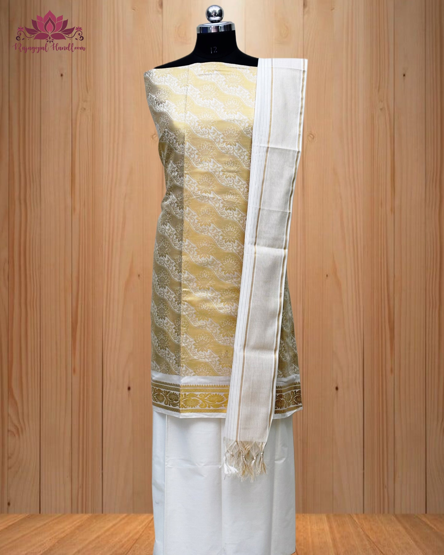 White Churidar Material with intricate Golden Design