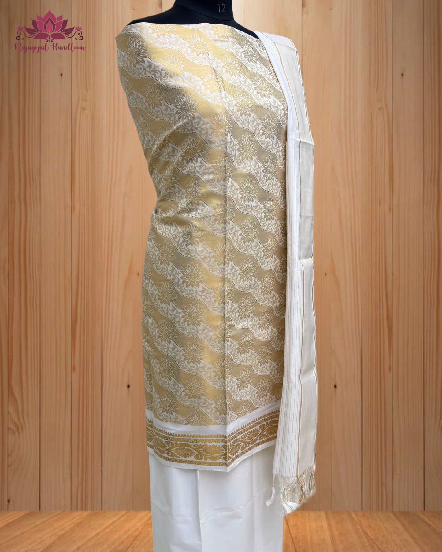 White Churidar Material with intricate Golden Design