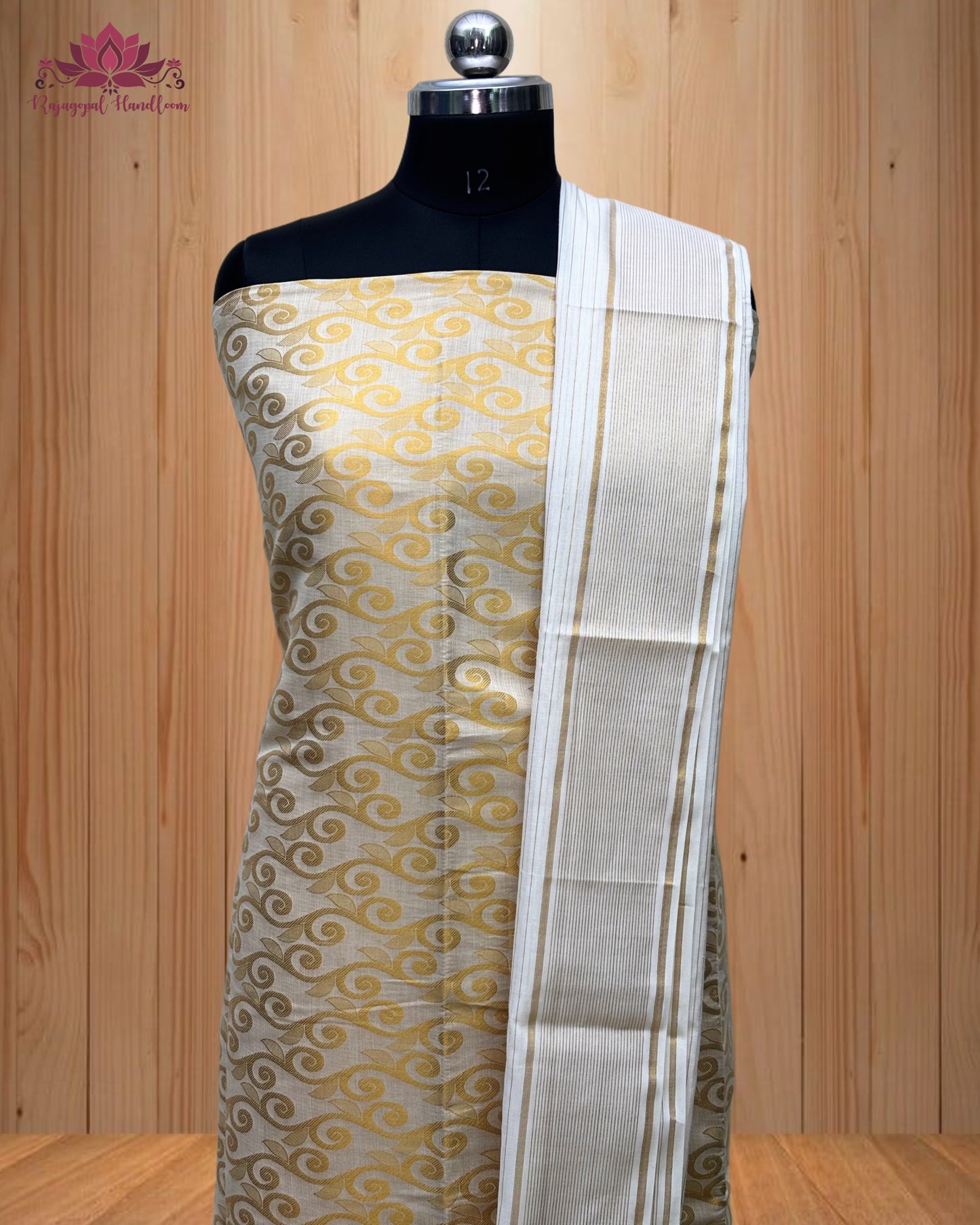 White Churidar Material with intricate Golden Design and a stunning Golden Border