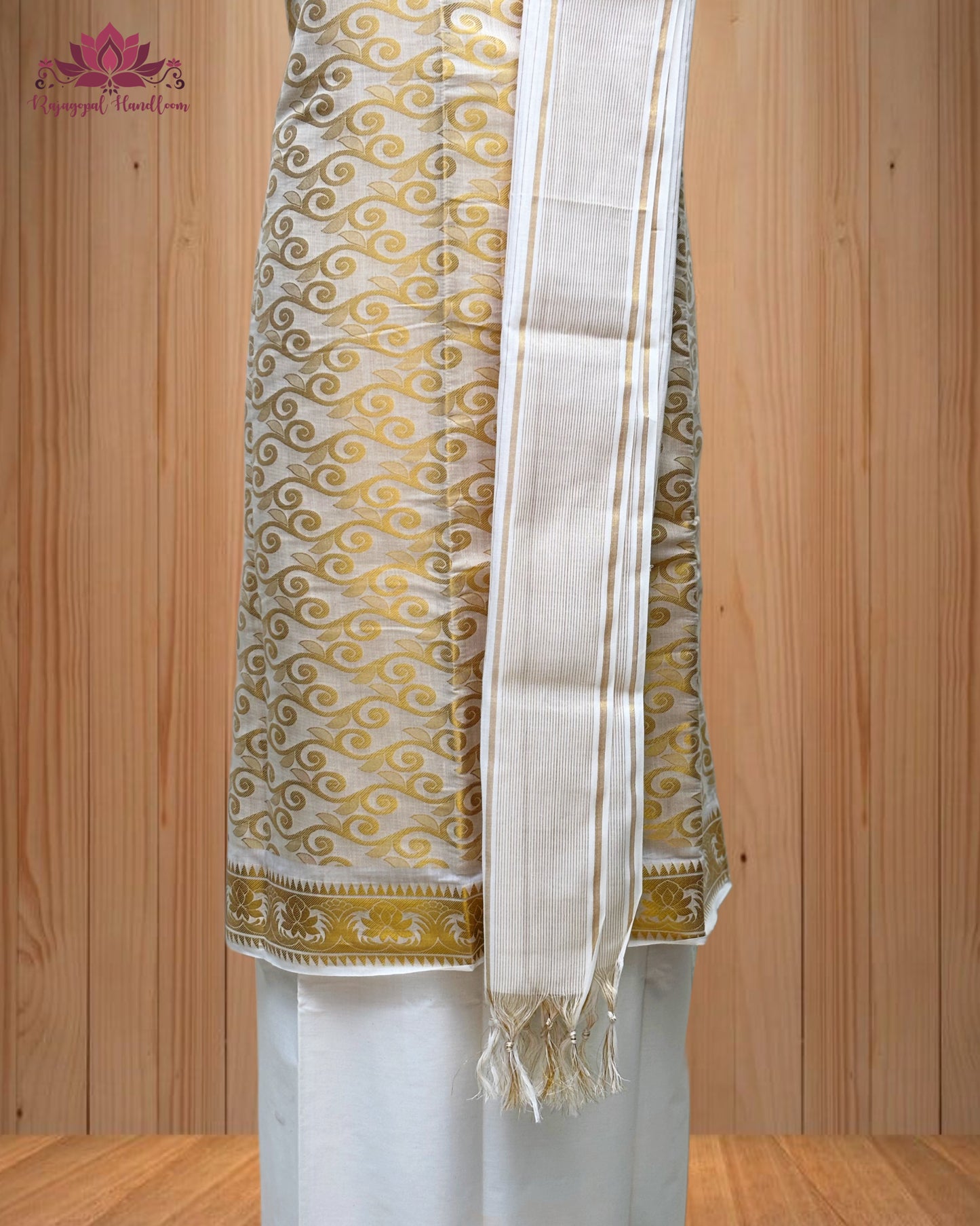White Churidar Material with intricate Golden Design and a stunning Golden Border