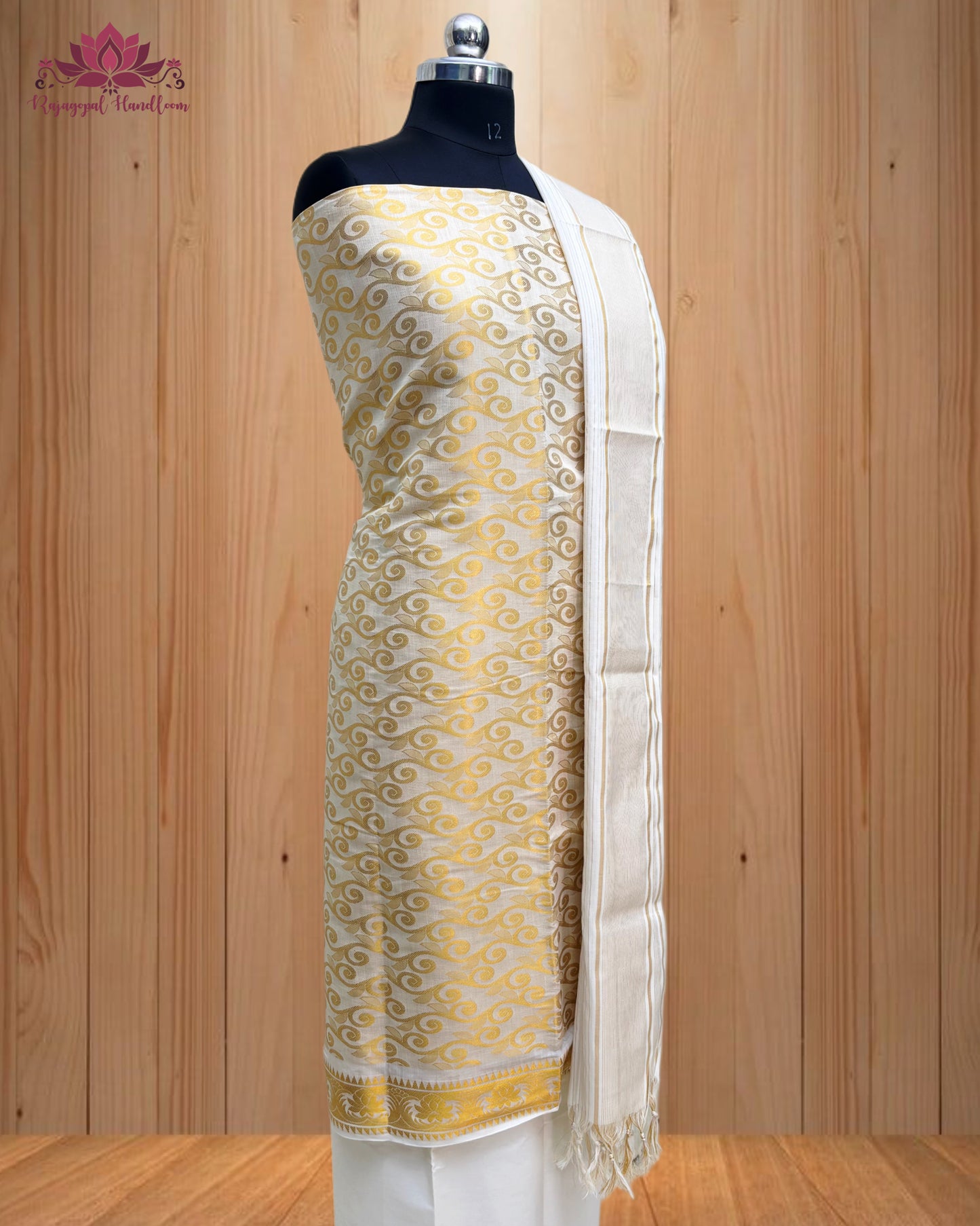 White Churidar Material with intricate Golden Design and a stunning Golden Border