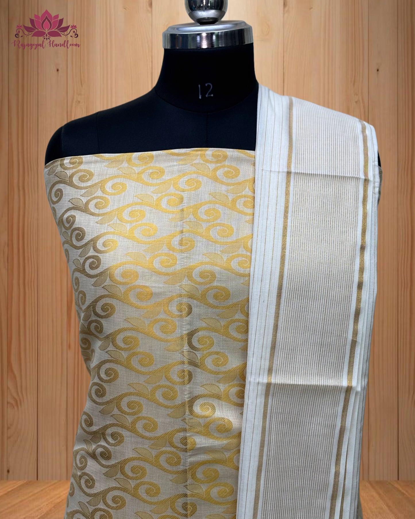 White Churidar Material with intricate Golden Design and a stunning Golden Border