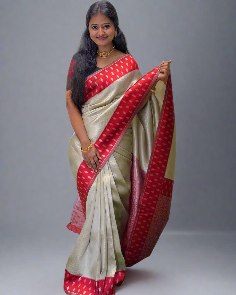Handloom Tissue Silk Saree With Red Border and Rich Pallu