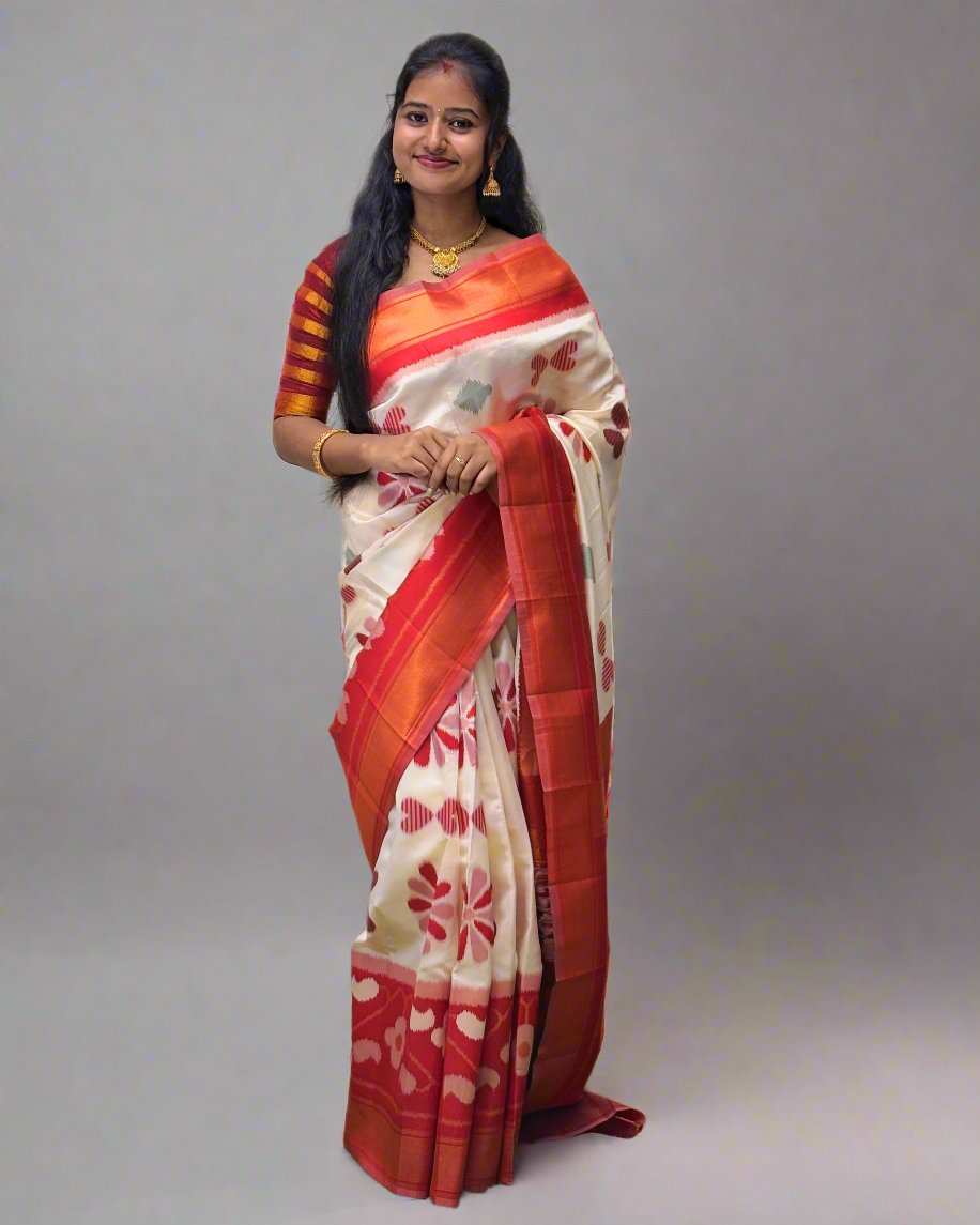 Handloom Silk Saree with Floral Design and Orange Border