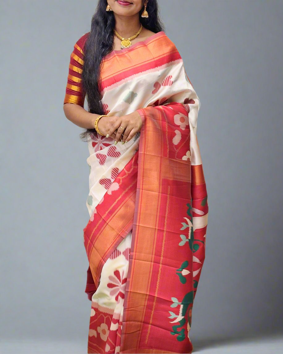 Handloom Silk Saree with Floral Design and Orange Border