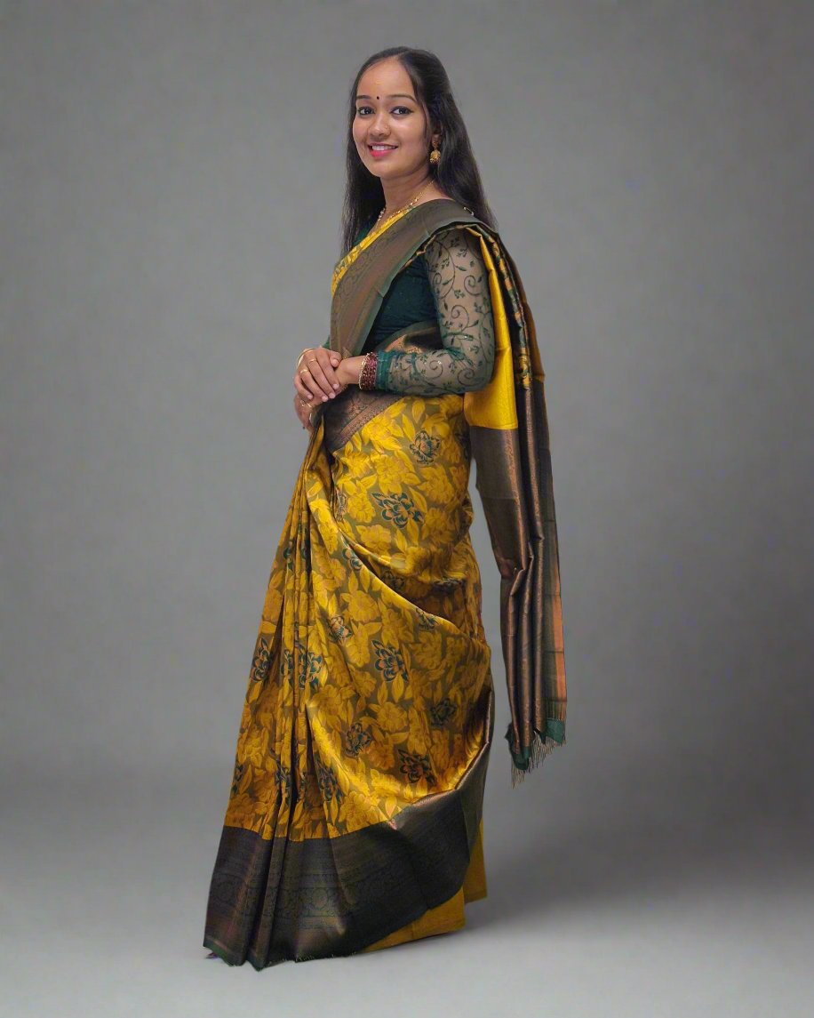 Handloom Yellow Silk Saree with Floral Design