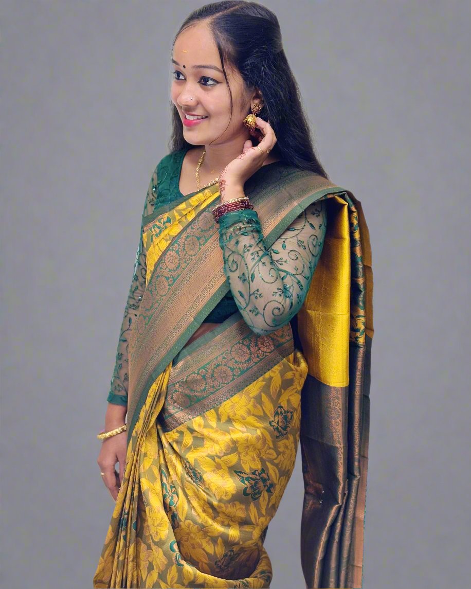 Handloom Yellow Silk Saree with Floral Design