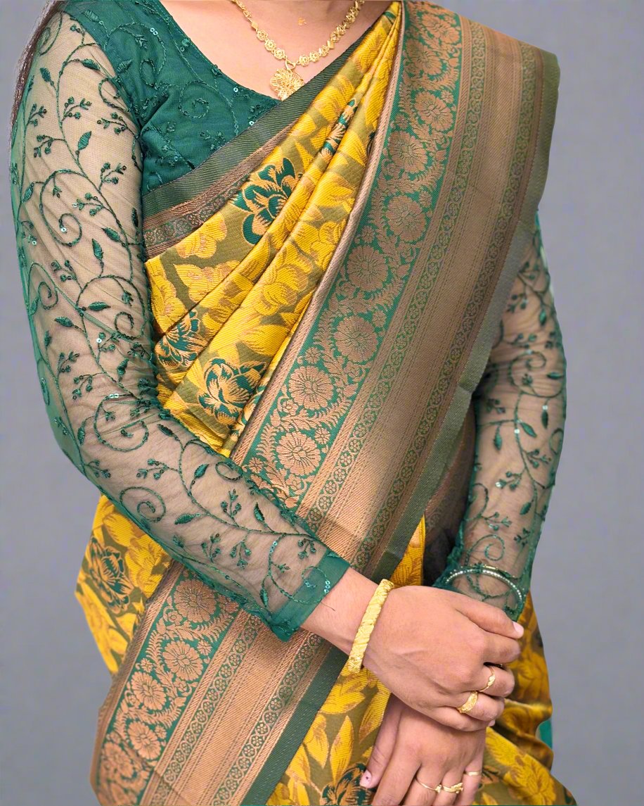 Handloom Yellow Silk Saree with Floral Design