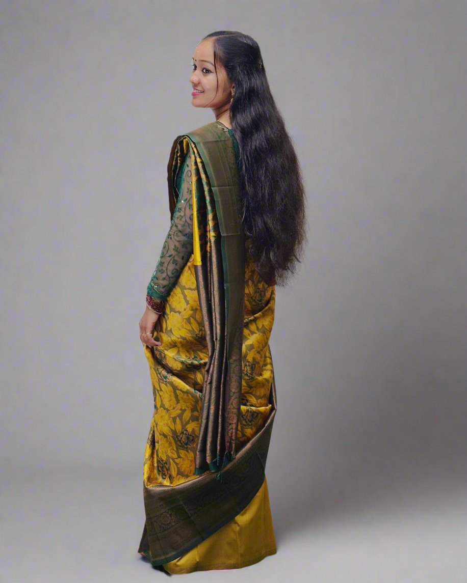 Handloom Yellow Silk Saree with Floral Design