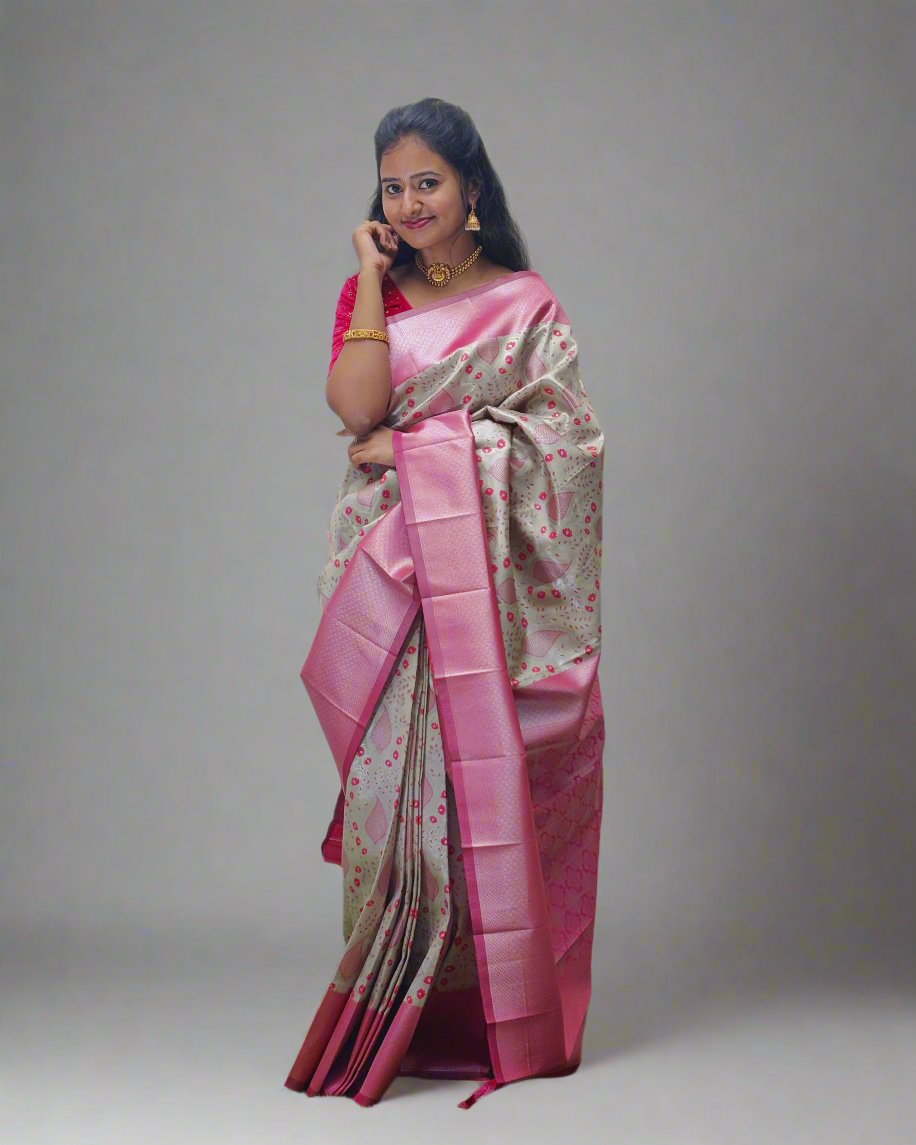 Handloom Silk Saree with Floral Design and Pink Border