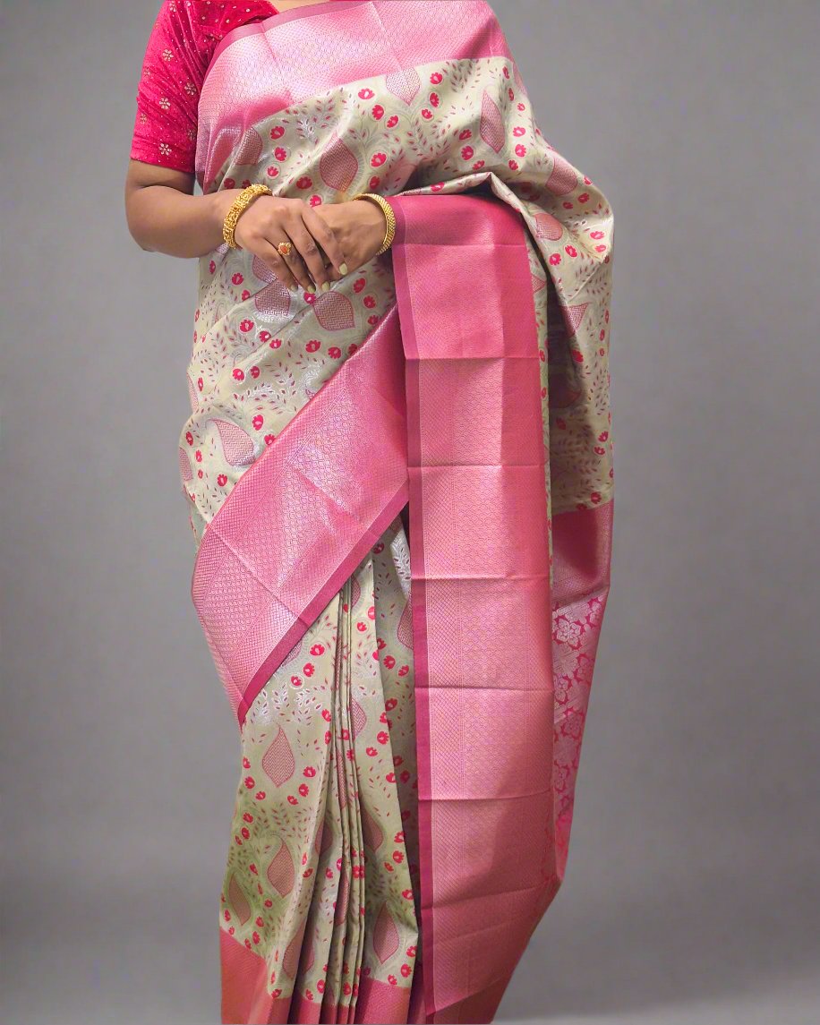 Handloom Silk Saree with Floral Design and Pink Border