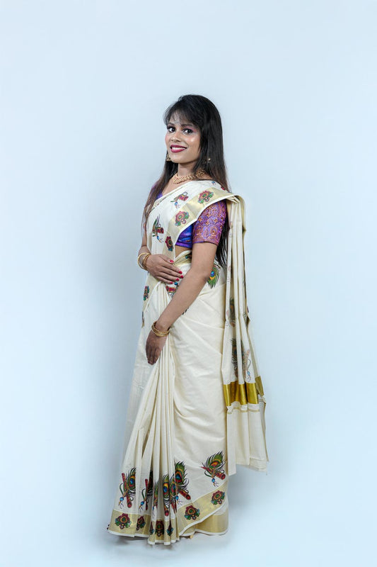 White Cotton Handloom Saree with Peacock Stitched Design