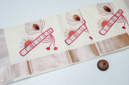 White Cotton Handloom Saree with Bamboo Flute Stitched Design