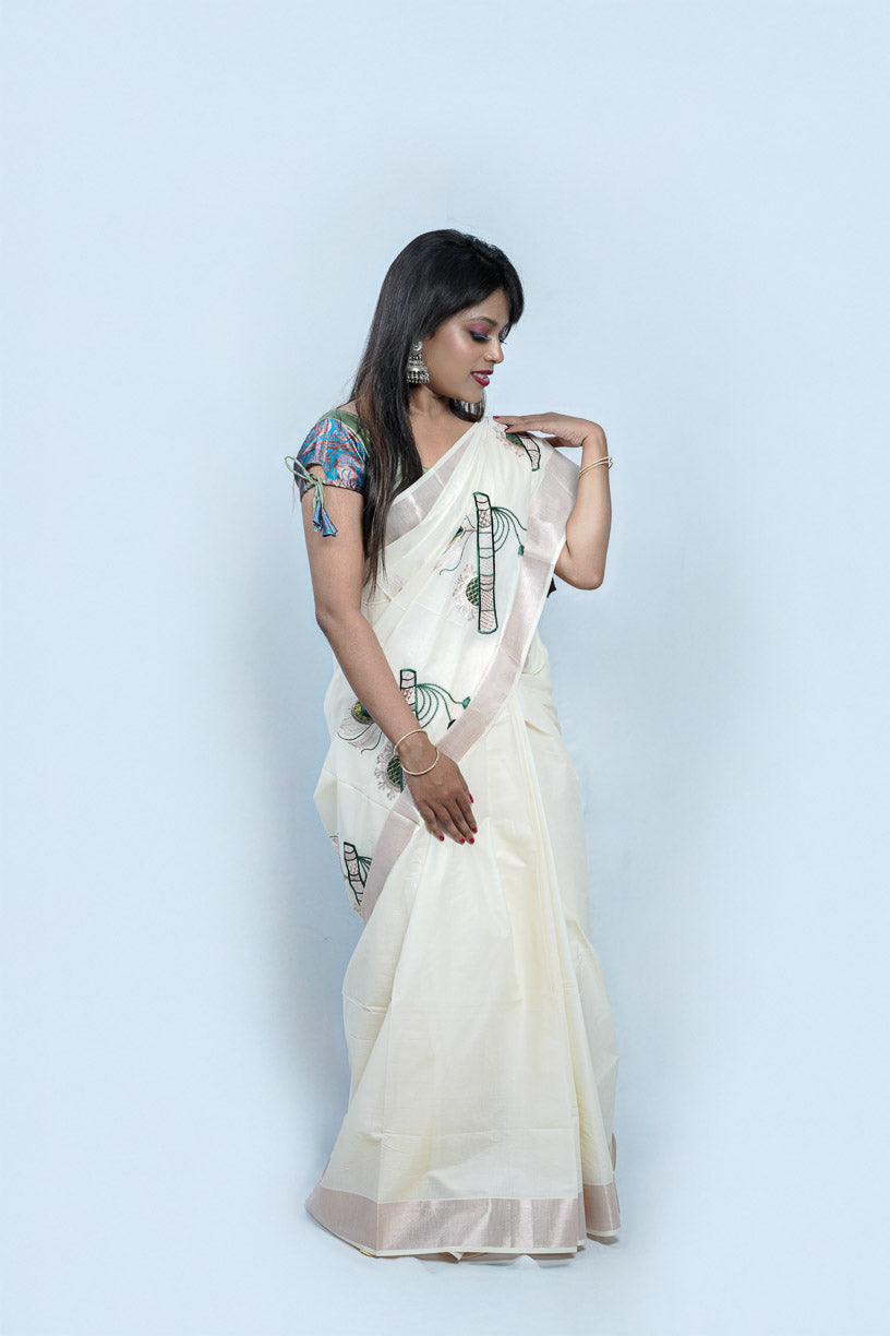 White Cotton Handloom Saree with Bamboo Flute Stitched Design