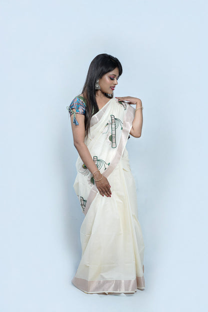 White Cotton Handloom Saree with Bamboo Flute Stitched Design