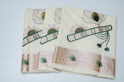 White Cotton Handloom Saree with Bamboo Flute Stitched Design