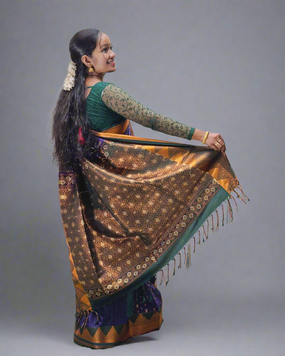 Handloom Blue Silk Saree with Green and Golden Design Border