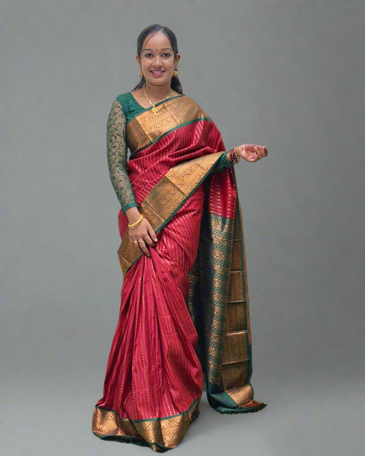 Handloom Copper Red Silk Saree with Green and Golden Design Border