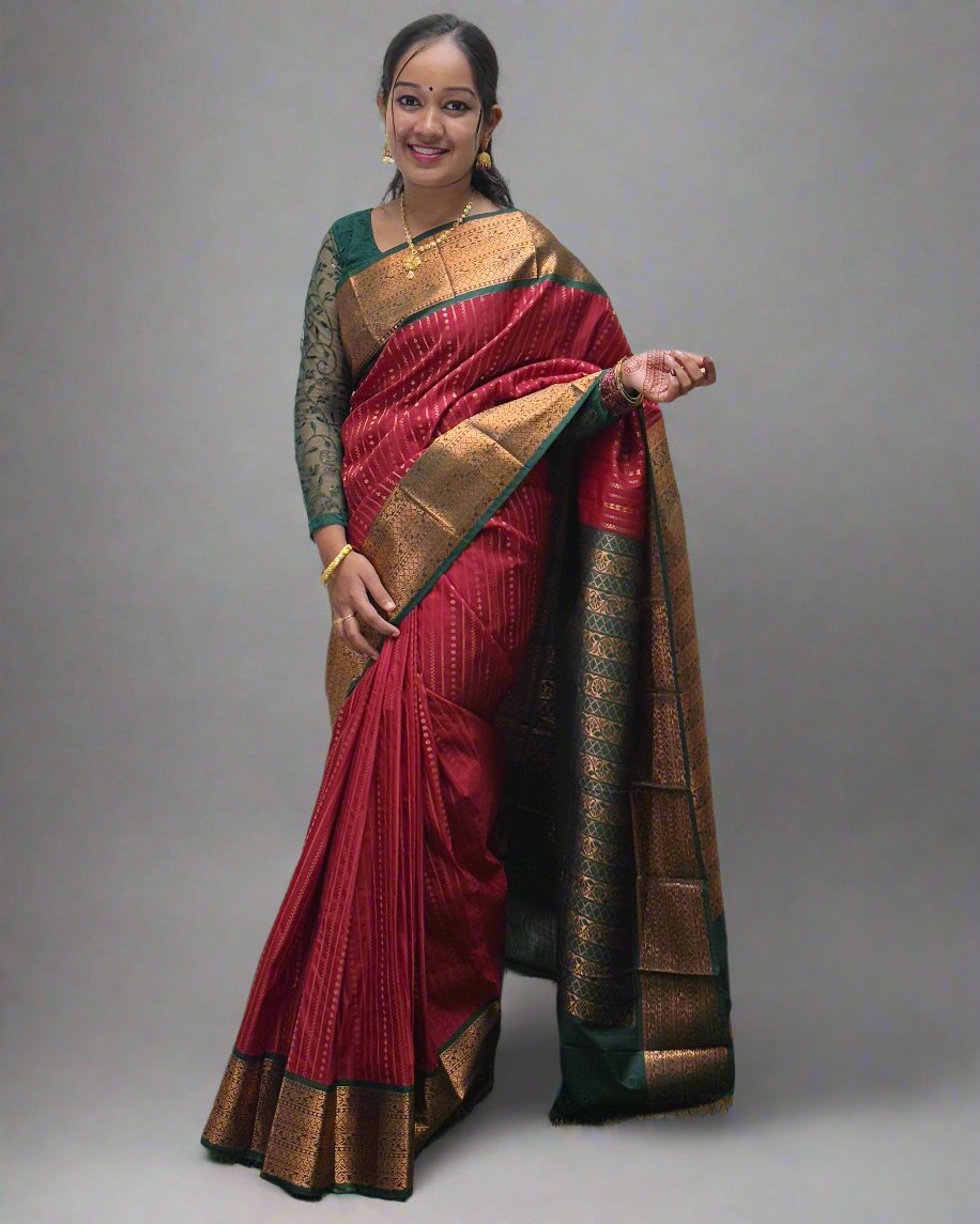 Handloom Copper Red Silk Saree with Green and Golden Design Border