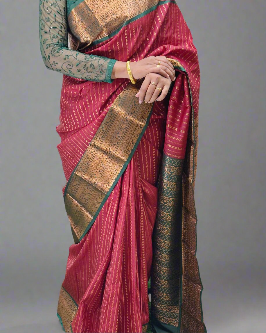 Handloom Copper Red Silk Saree with Green and Golden Design Border