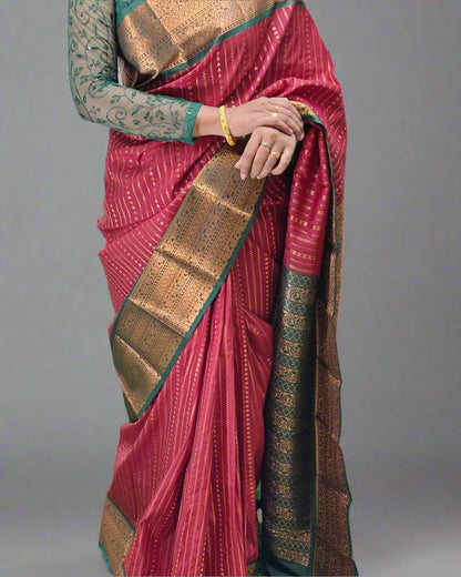Handloom Copper Red Silk Saree with Green and Golden Design Border