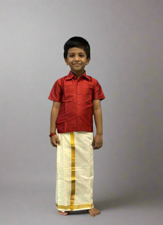 Red Shirt and Mundu Set For Boys