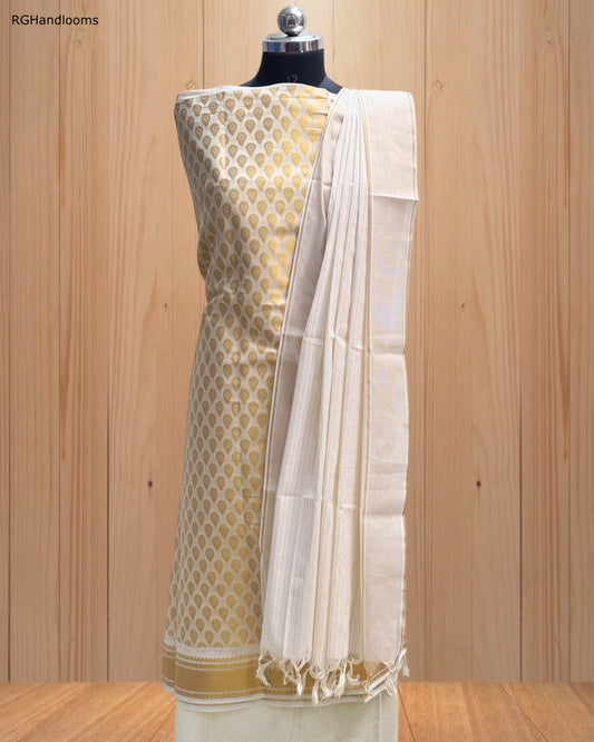 Elegant White Churidar Material with Golden Design & Border
