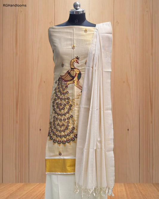 Churidar Material with Majestic Peacock Design & Golden Border