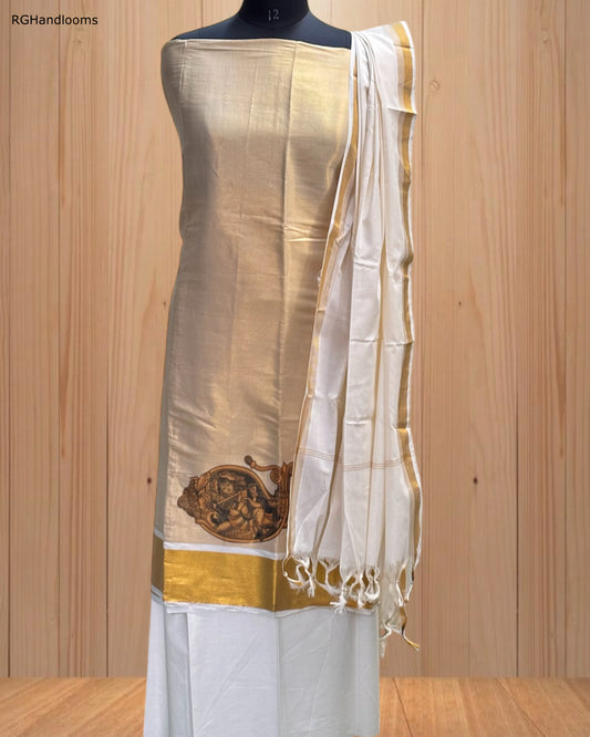 Beige Churidar Material with Printed Design & Golden Border