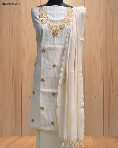 White Churidar Material with Gold Star Stitch Design & Line Details