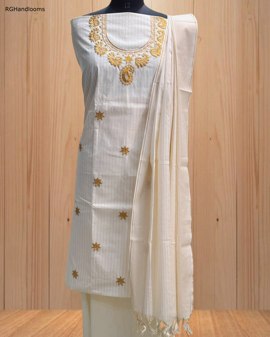White Churidar Material with Gold Star Stitch Design & Line Details