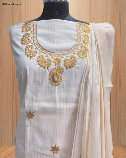 White Churidar Material with Gold Star Stitch Design & Line Details