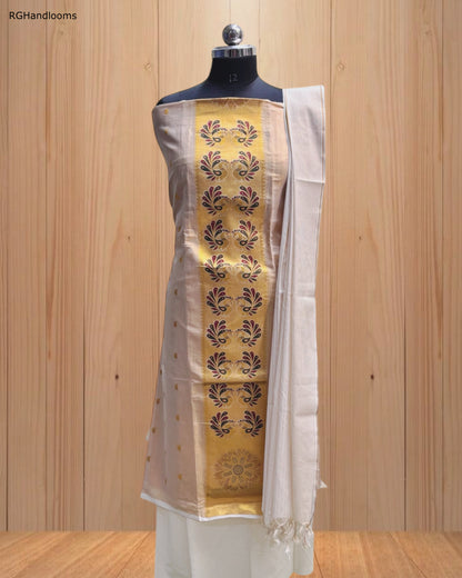 Ivory Churidar Material with Graceful Peacock Design & Golden Border