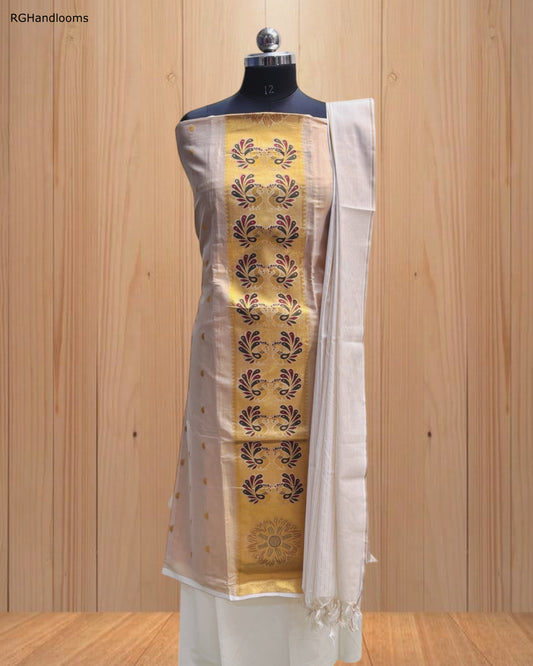 Ivory Churidar Material with Graceful Peacock Design & Golden Border