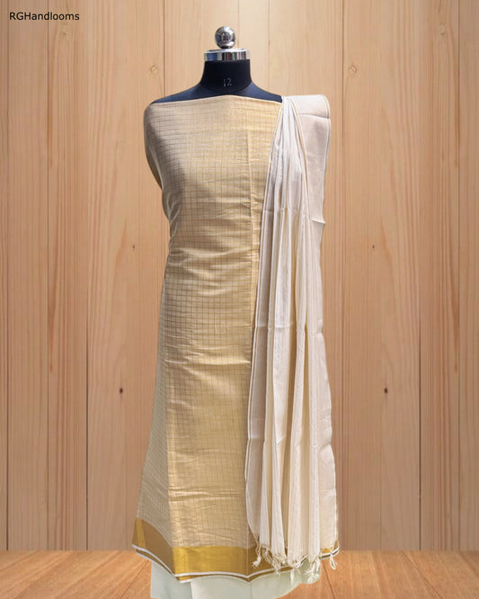 Light Golden Churidar Material with Check Design