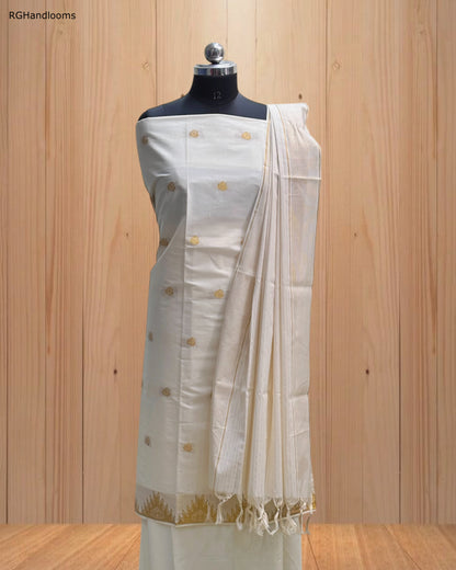 White Churidar Material with Golden Design & Golden Border