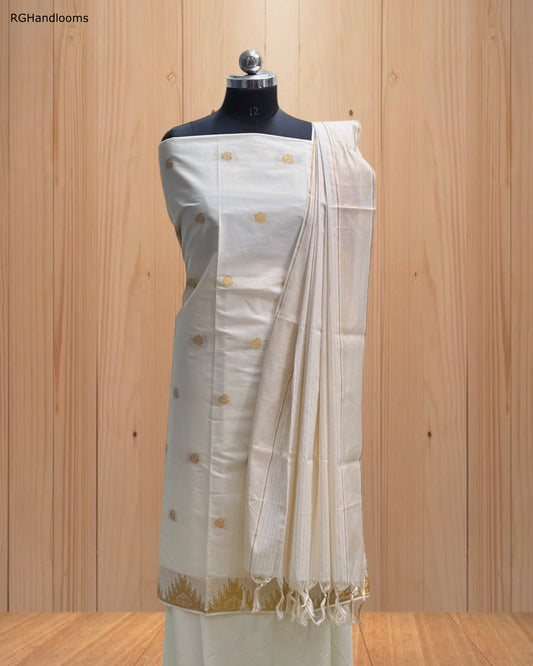 White Churidar Material with Golden Design & Golden Border