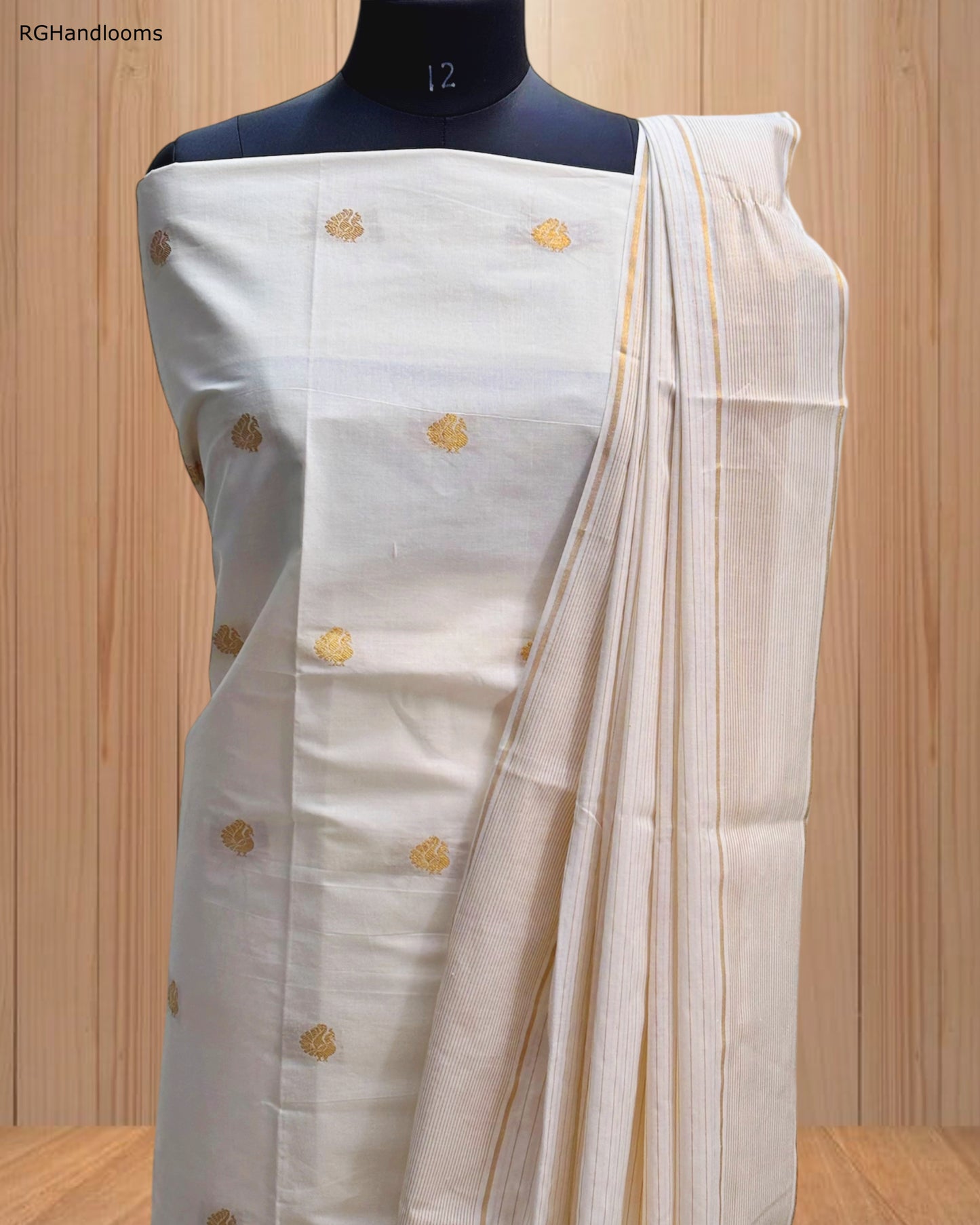 White Churidar Material with Golden Design & Golden Border