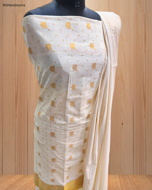 White Churidar Material with Golden Design, Black Dots & Golden Border